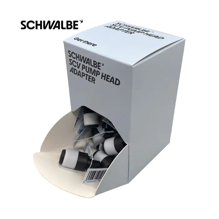 Schwalbe counter display with 25 scv pump head adapters