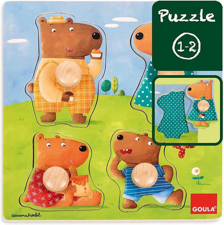 Goula Puzzel - hëlzent Knäppchen Puzzel mat 4 Bieren - 4 Stécker