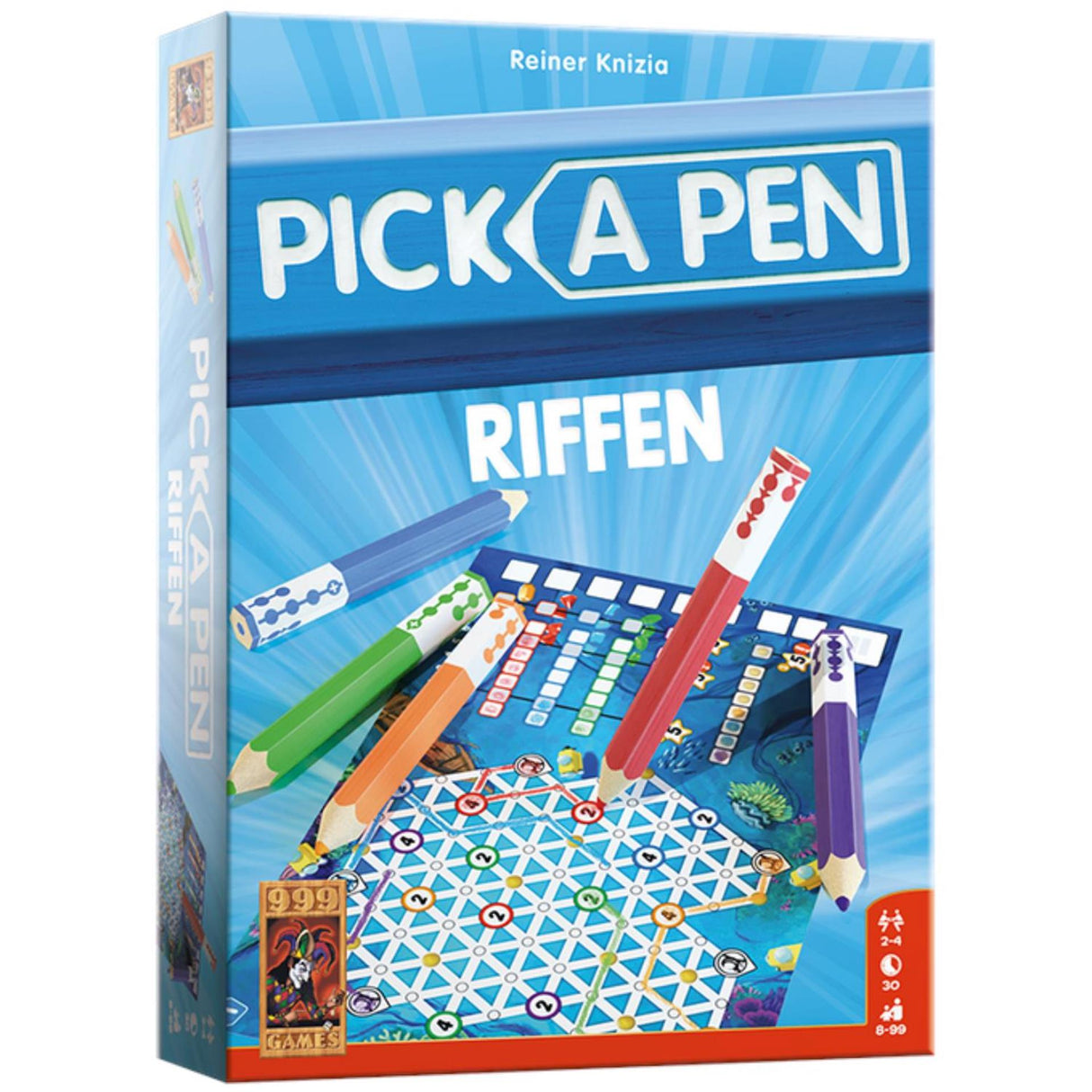999games 999 games - pick a pen - riffing - dice game - dice with pencils - scoring sheets of 3 different levels - board game - family game - small gift - contains game rules in NL and EN