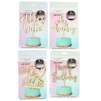 Cake topper wood 16 cm 4 assorted | 48 pieces