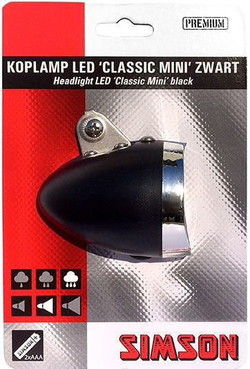 Simson Voorvorkkoplamp Mini zwart incl. bat. op kaart