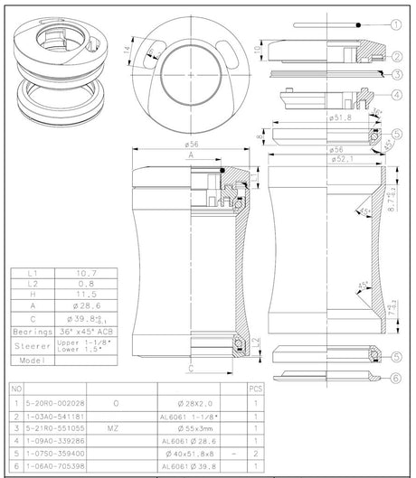 Tecora E Balhoofdstel1 1 8 inch semi geintegreerd met kabel doorvoer