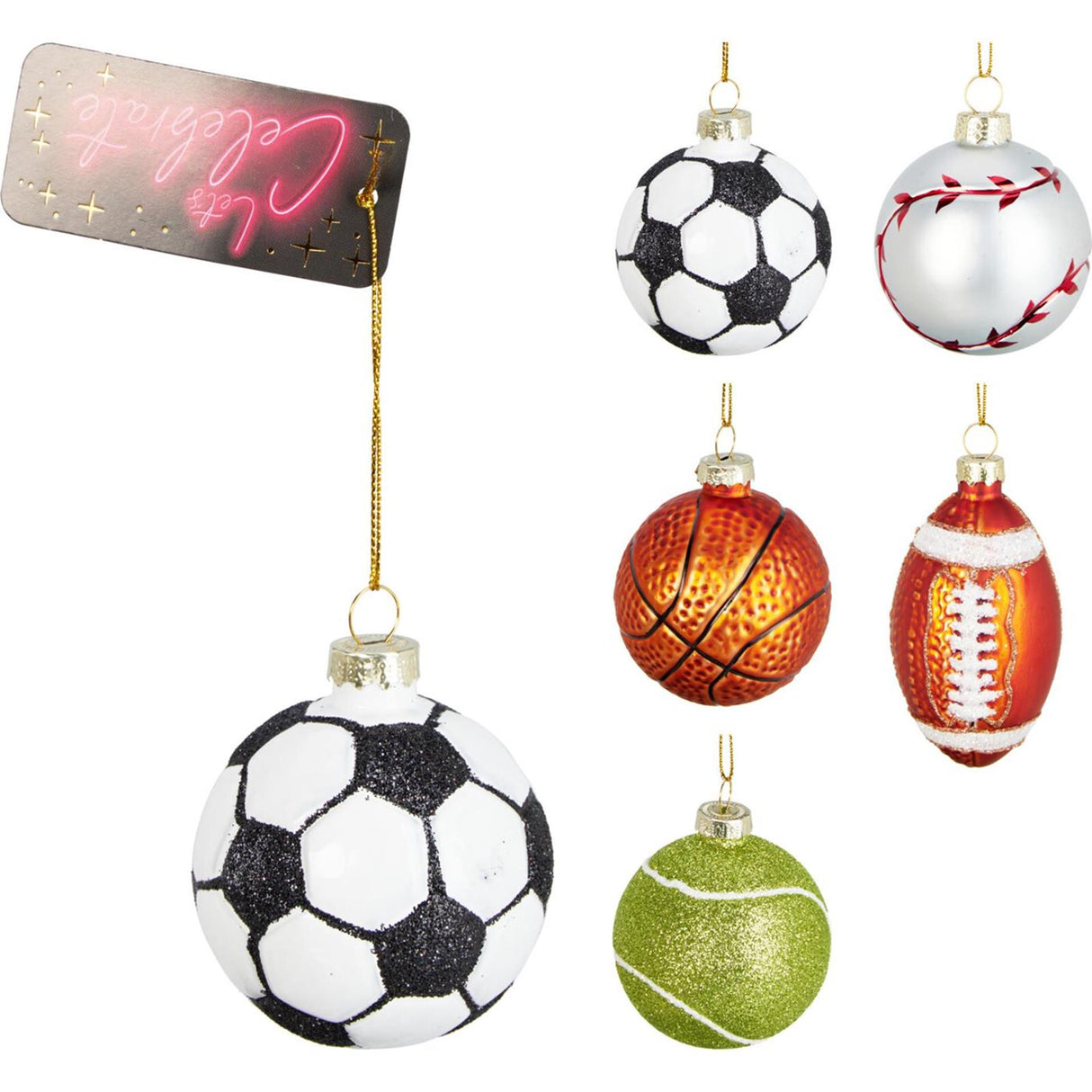 Christmas pendant sports balls glass 6cm 5 assorted display of 10 pieces