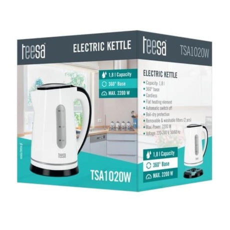 Teesa elektresche Kettel, kabellos a roueg, 1,8 l wäiss