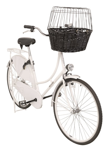 Trixie Willows Bicycle Basket foran svart med pute og hette