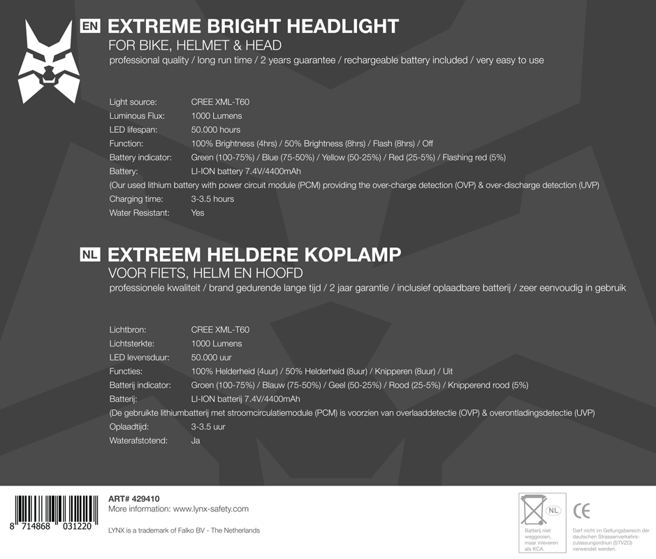 Lynx Pro koplamp extreem 1000 lumen oplaadbaar