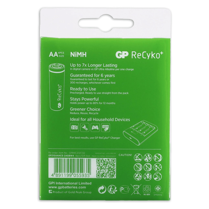 GP uppladdningsbara AA -batterier 2100mAh NIMH 4PK