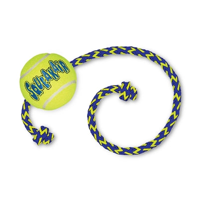 Kong squeakair ball with rope yellow blue