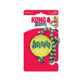 Kong squeakair ball with rope yellow blue