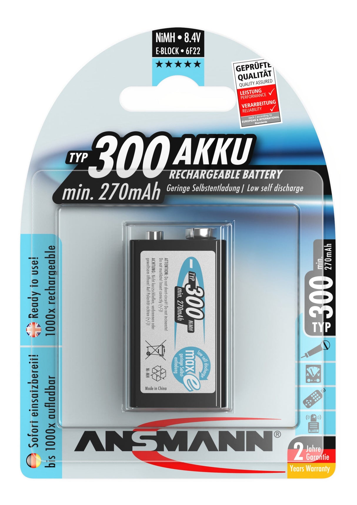 Ansmann Nimh battery 9 Volt e Block Type 300 Maxe 1er Blister